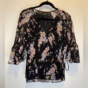 Lauren Ralph Lauren Black Pink Floral Ruffle Blouse Size small